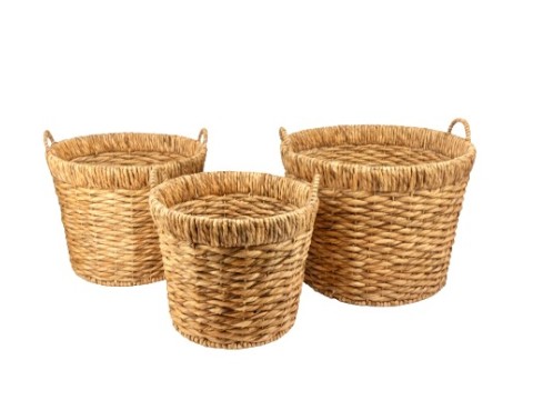 Superior Round Flat-Weaving Water Hyacinth Baskets with Handles - Set of 3